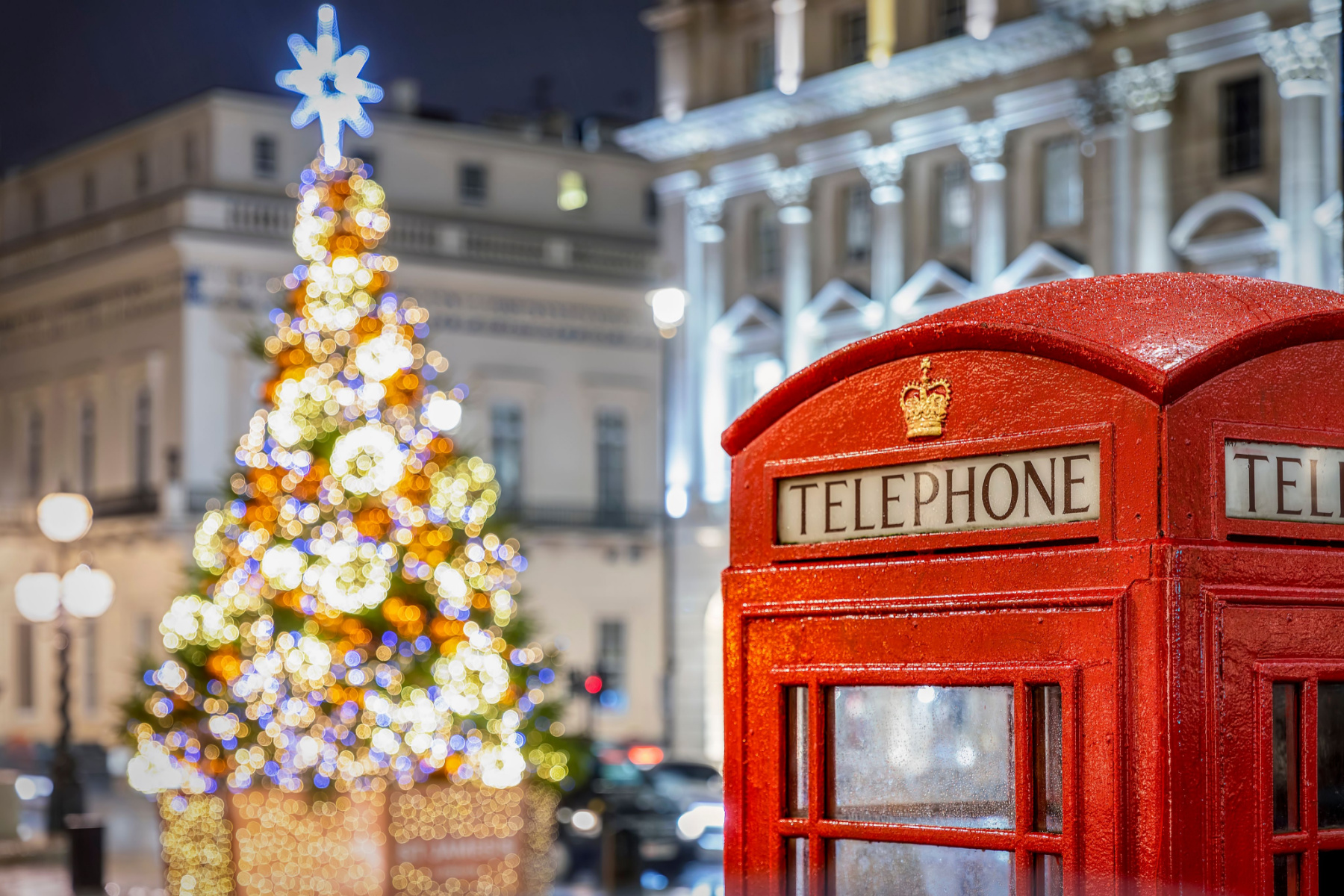 London telephone box with Christmas tree in background